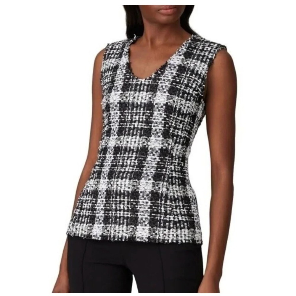 Theory Sculpt U Tweed Knit Sleeveless Top Black White Textured Shell Small